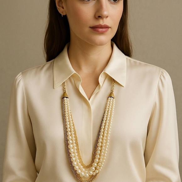 NWT Chico's PIA Multi-Strand Faux Pearl & Gold Chain Necklace - Picture 1 of 6